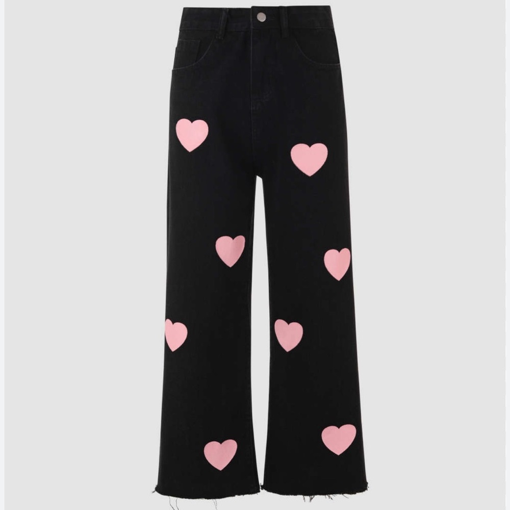 Cider wide leg crop black jeans with pink hearts - Size Small